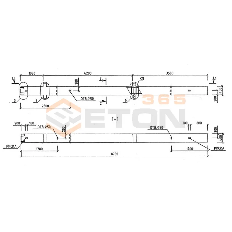 Колонны для зданий с высотой этажа 2,8 и 3,3 м серия 1.020-1/87 ( 1.020.1-7, 1.020-1/83, ИИ 04-1, 1.020.1-3пв ) 2КНО 30-1-22