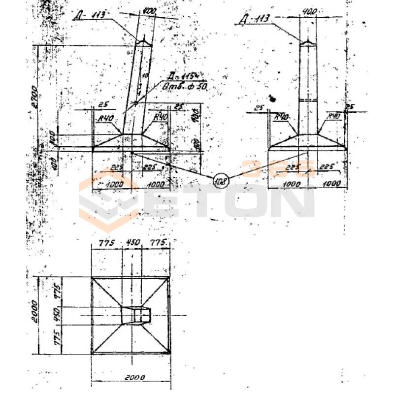 Фундаменты под промежуточные и промежуточно-угловые опоры на оттяжках Серия 3.407-115, 3.407.1-159 Ф 4-1/5
