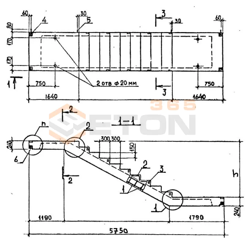 Лестничные марши ребристые с полуплощадками ЛМП серия 1.050.1-2 ЛМП 58-11-15-5