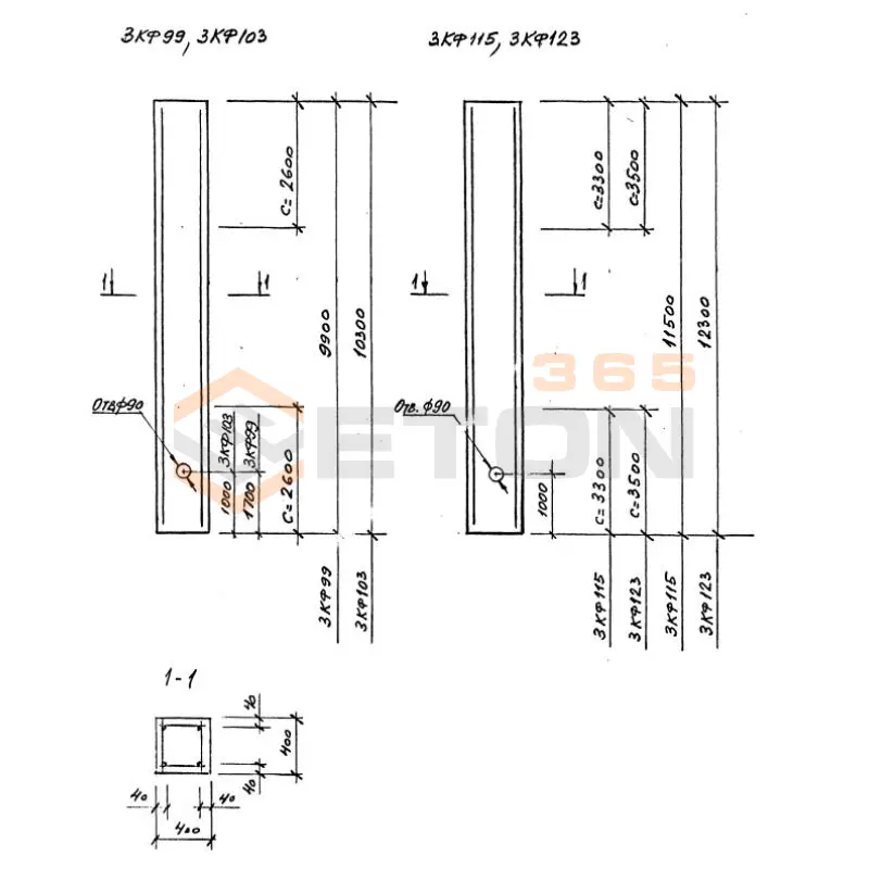 Колонны для зданий высотой 9,0; 10,2; 11,44 12,6; 13,8 м Серия 1.427.1-3 3КФ 115-1