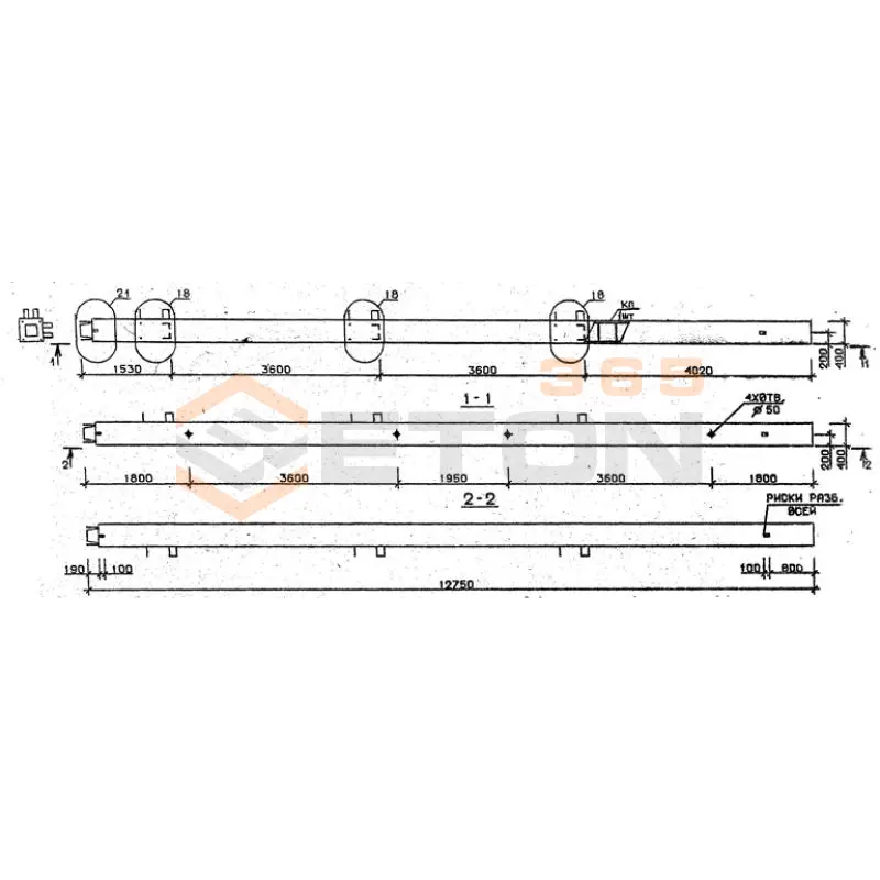 Колонны сечением 400х400 мм для зданий с высотами этажей 3,6 м Серия 1.020.1-2с/89 5КН 36-128-1