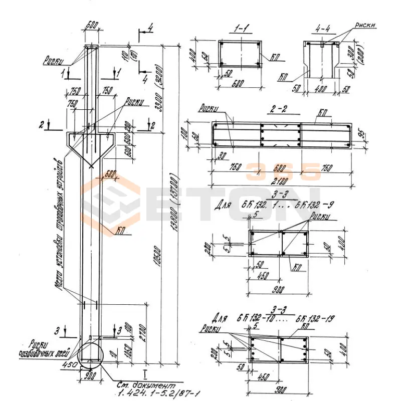 Колонны для зданий высотой 12,0; 13,2 и 14,4 м Серия 1.424.1-5 6К 132-1 с