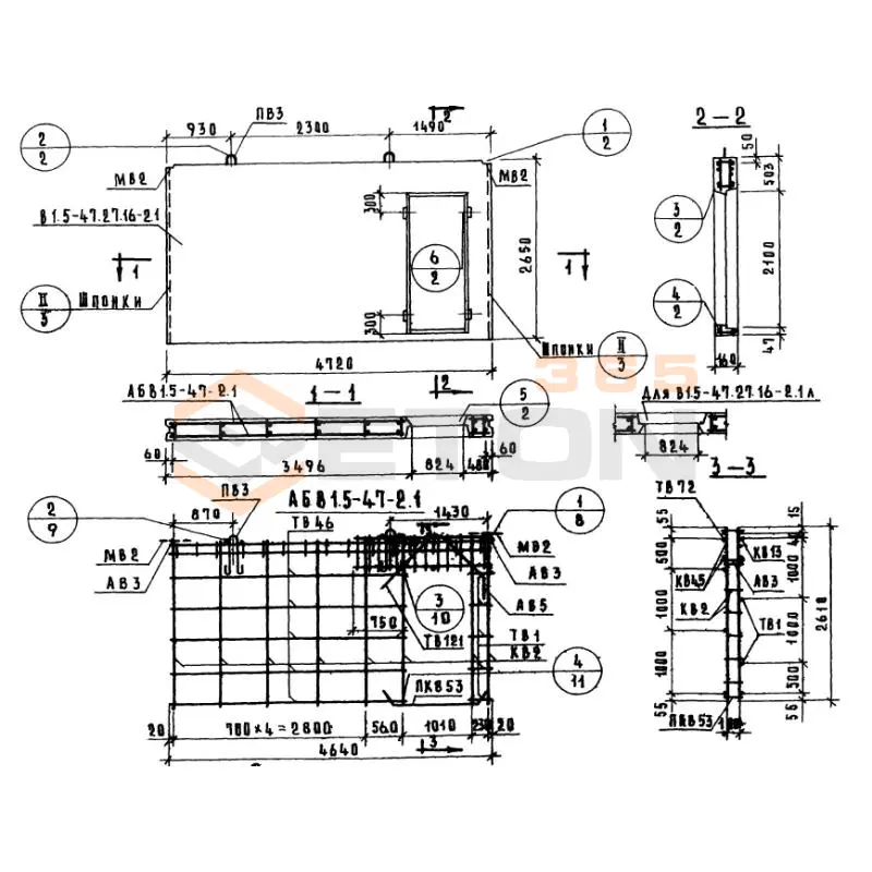 Панели внутренних продольных стен Серия 1.131-1 В 1,5-47-27-16-2,5