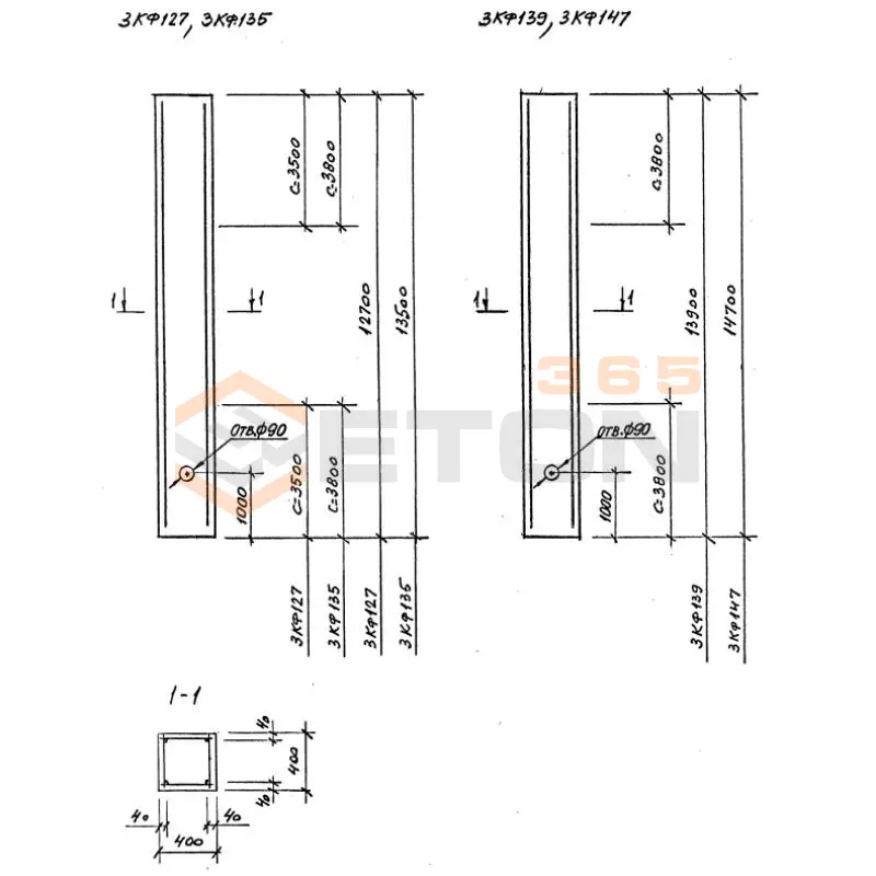 Колонны для зданий высотой 9,0; 10,2; 11,44 12,6; 13,8 м Серия 1.427.1-3 3КФ 127-1