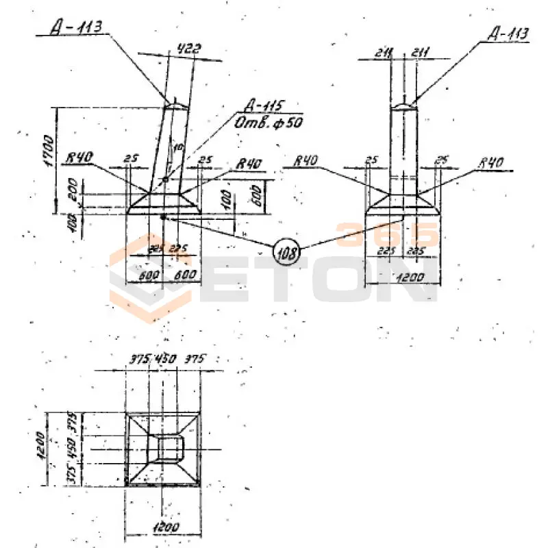 Фундаменты под промежуточные и промежуточно-угловые опоры на оттяжках укороченные Серия 3.407-115, 3.407.1-159 ФК 1-05