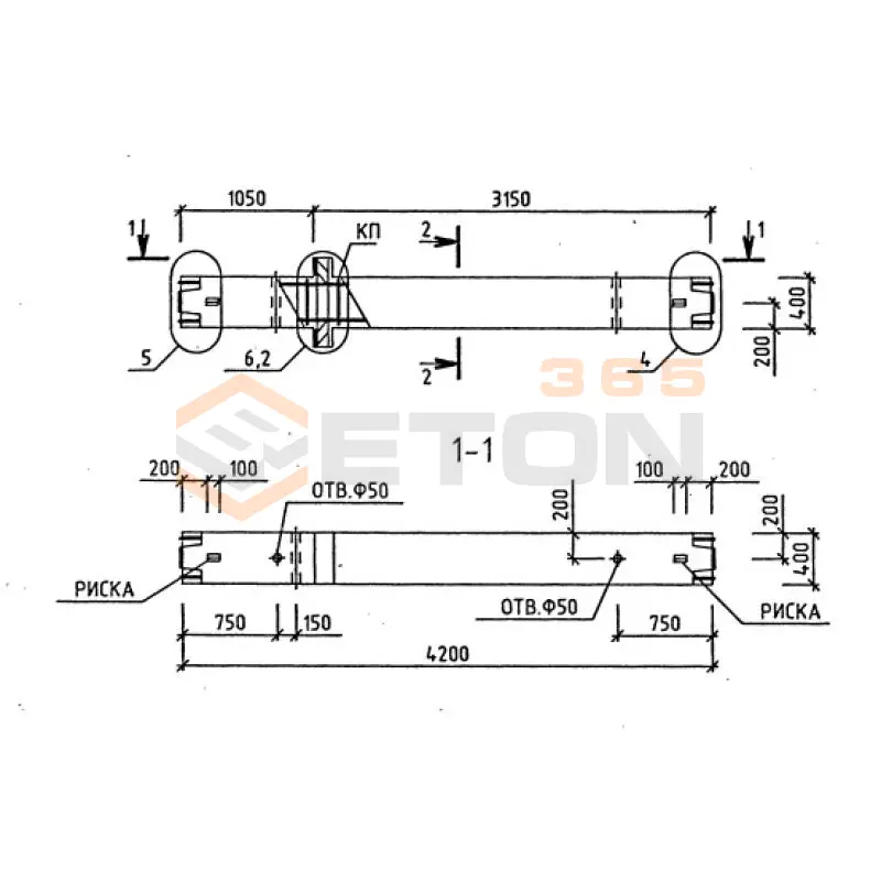 Колонны для зданий с высотой этажа 4,2 м серия 1.020-1/87 ( 1.020.1-7, 1.020-1/83, ИИ 04-1, 1.020.1-3пв ) 1КСД 4-42-3,3