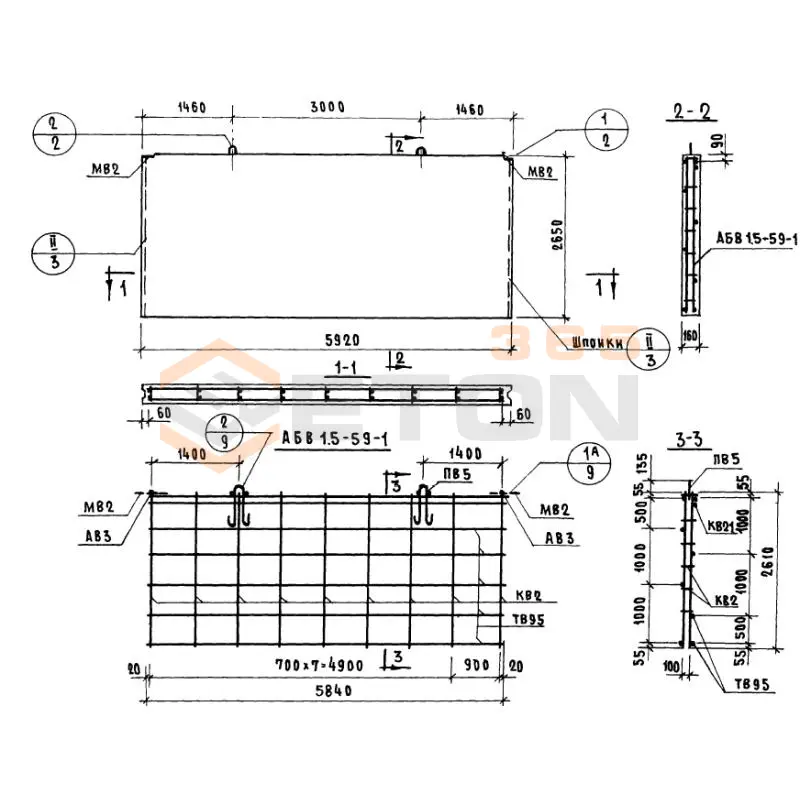 Панели внутренних продольных стен Серия 1.131-1 В 1,5-59-27-16-1