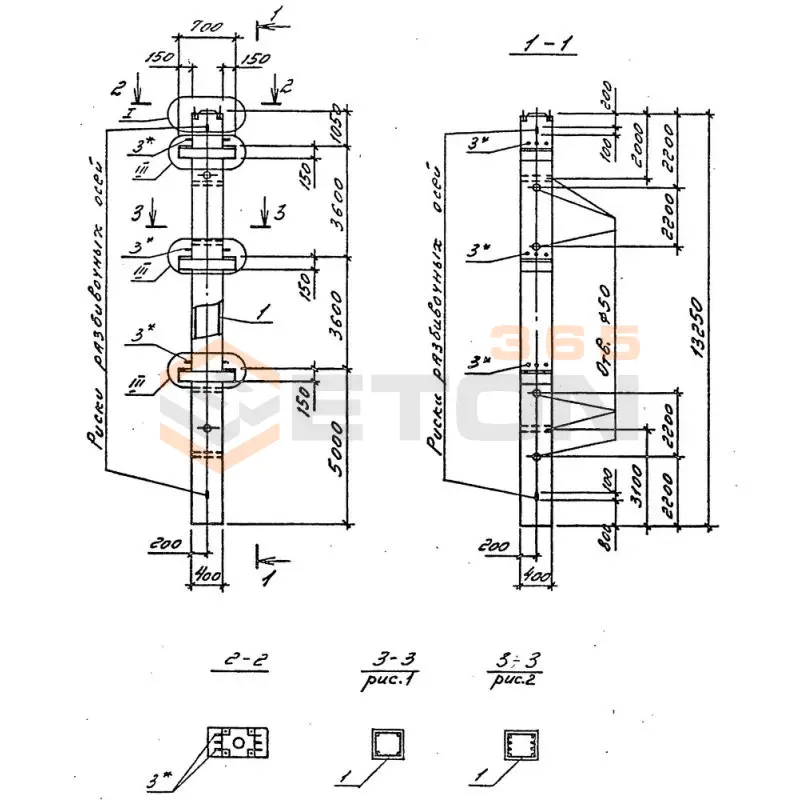 Колонны железобетонные для многоэтажных зданий рамного каркаса Серия 1.020-1/87 ( 1.020.1-7, 1.020-1/83, ИИ 04-1, 1.020.1-3пв ) 3КНД 36-1