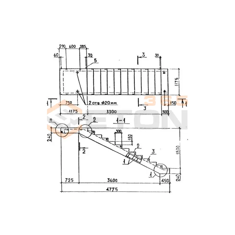 Лестничные марши ребристые с полуплощадками ЛМП серия 1.050.1-2 ЛМП 57-11-18-5-3 с