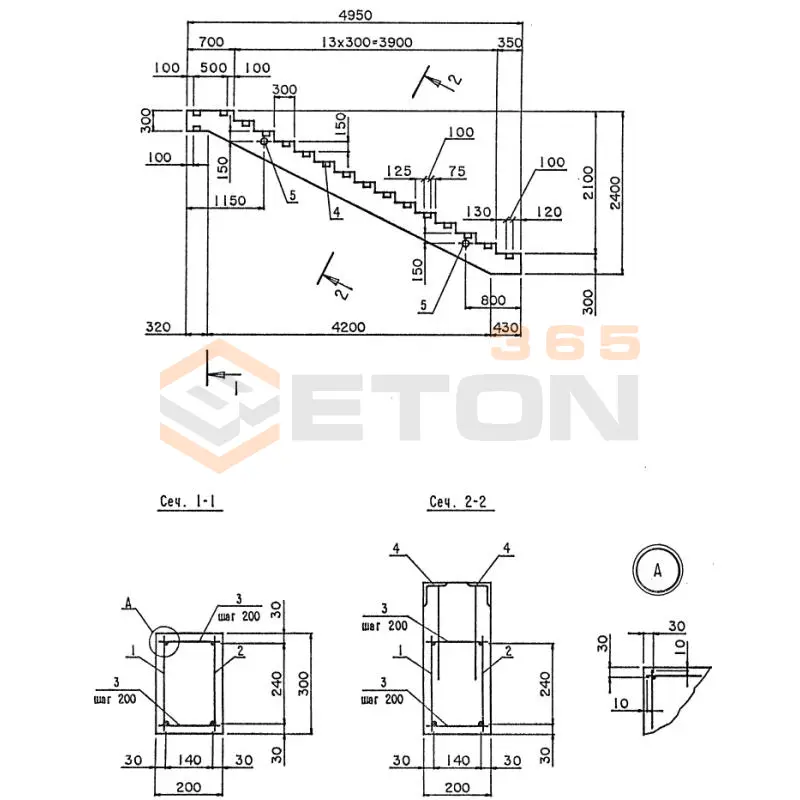 Косоуры лестничных сходов серия 3.503.1-96 КЛ 495-210