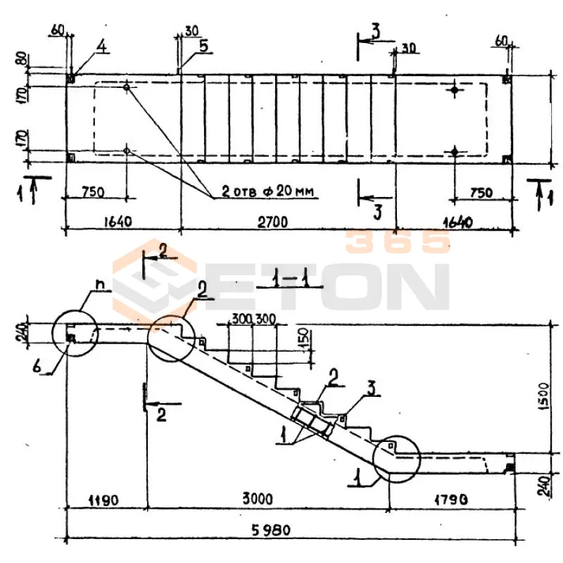 Лестничные марши ребристые с полуплощадками ЛМП серия 1.050.1-2 ЛМП 60-11-17-5 с