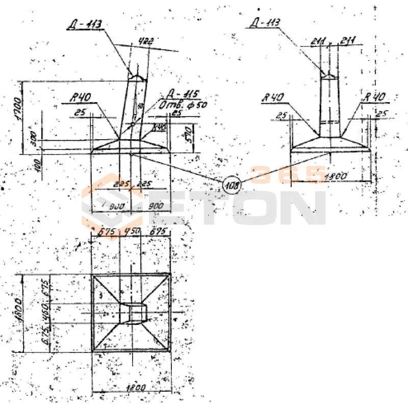 Фундаменты под промежуточные и промежуточно-угловые опоры на оттяжках укороченные Серия 3.407-115, 3.407.1-159 ФК 3-1/10