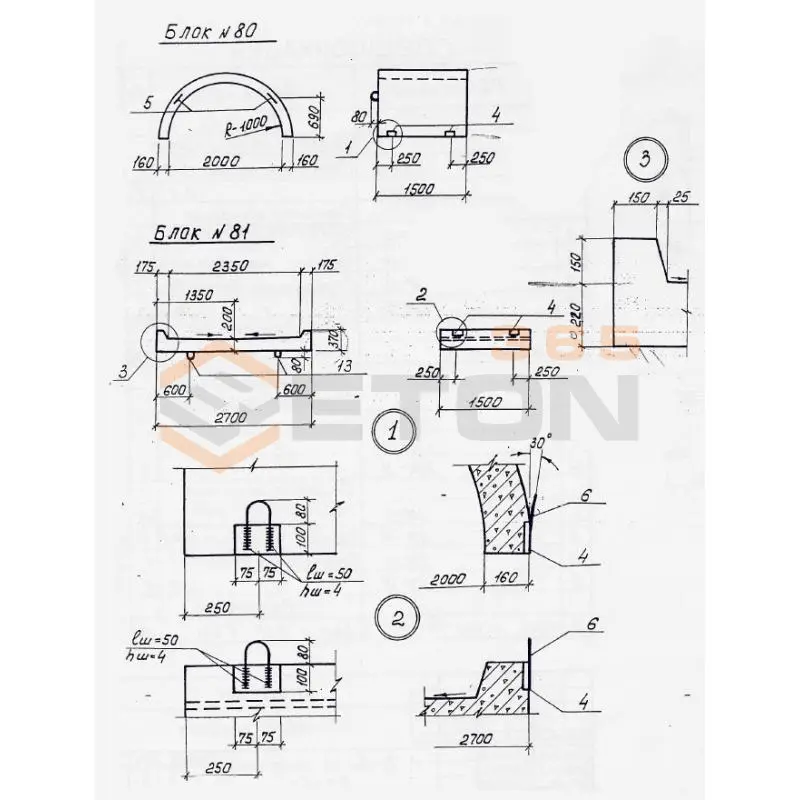 Звенья железобетонные круглых водопропускных труб под железные и автомобильные дороги (Шифр 57-368) Блок 80 (полукольцо R-1,0)