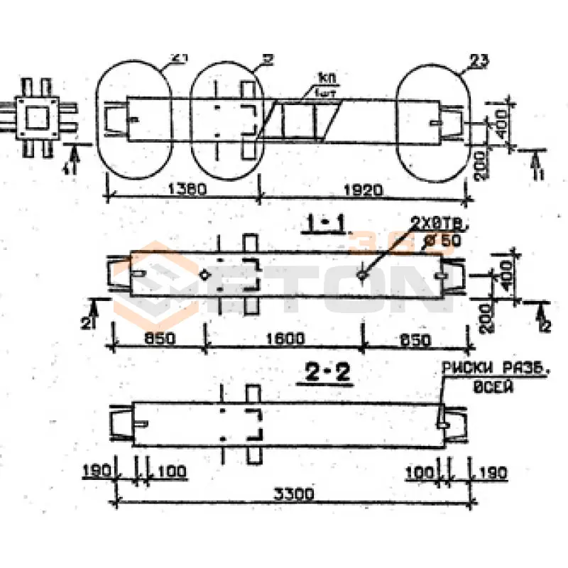 Колонны сечением 400х400 мм для зданий с высотами этажей 3,3 м Серия 1.020.1-2с/89 2КС 33-33-6