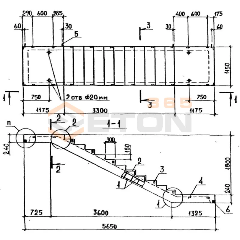 Лестничные марши ребристые с полуплощадками ЛМП ГОСТ 9818-85 ЛМП 57-11-18-5-1 (ГОСТ 9818-85)