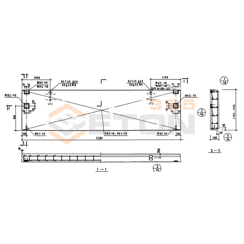 Панели стеновые керамзитобетонные толщиной 40 см Серия ИИ 04-5 Н 60-12