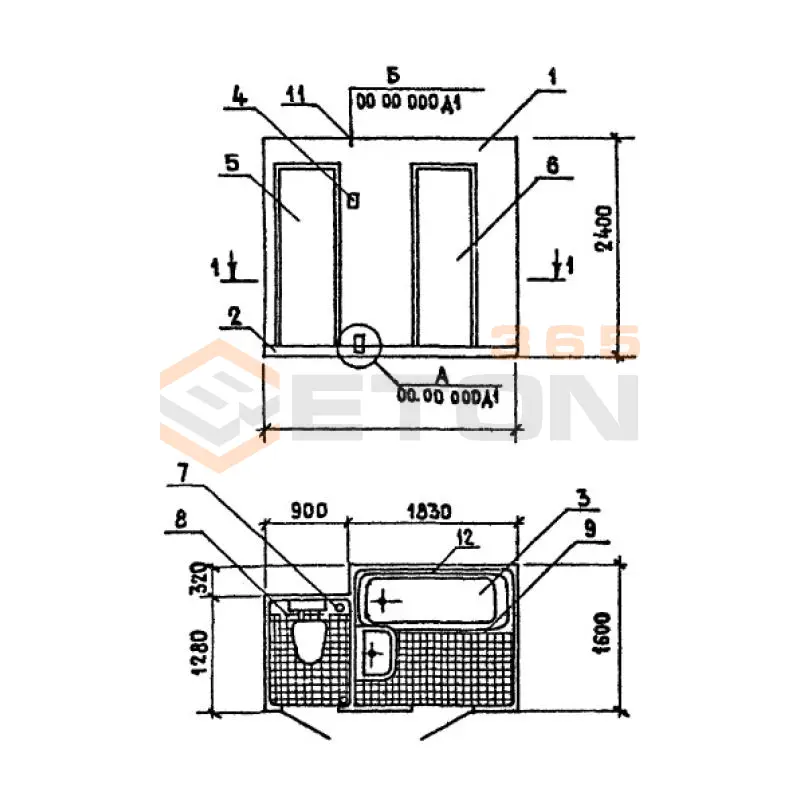 Кабины санитарно-технические типа "Колпак" для зданий с теплым чердаком Серия 1.188-5 2СК 24 прп-12 в (1.188-5)