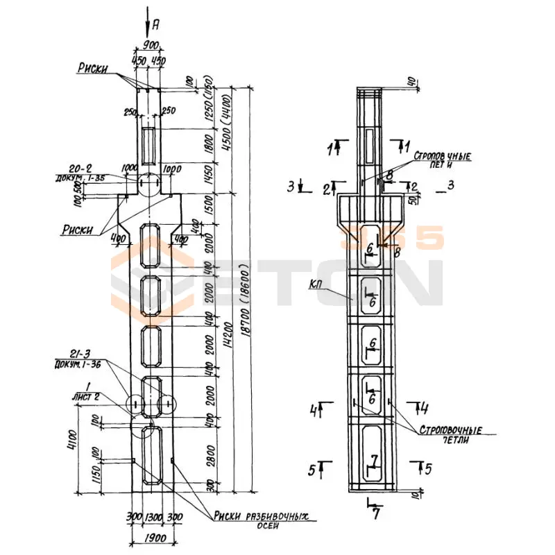 Колонны двухветвевые с проходами Серия 1.424.1-10 8КДП 180-4,4