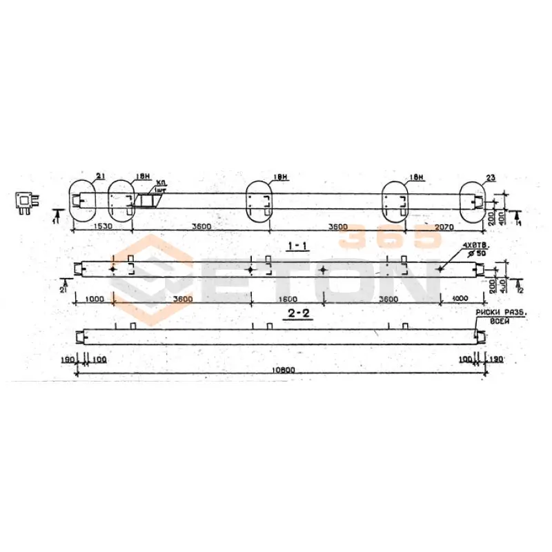Колонны сечением 400х400 мм для зданий с высотами этажей 3,6 м Серия 1.020.1-2с/89 5КС 36-108-11 сн