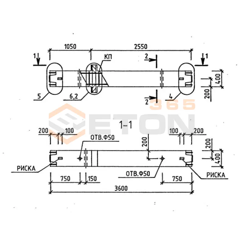Колонны для зданий с высотой этажа 3,6 м серия 1.020-1/87 ( 1.020.1-7, 1.020-1/83, ИИ 04-1, 1.020.1-3пв ) 1КСО 4-36-2,2
