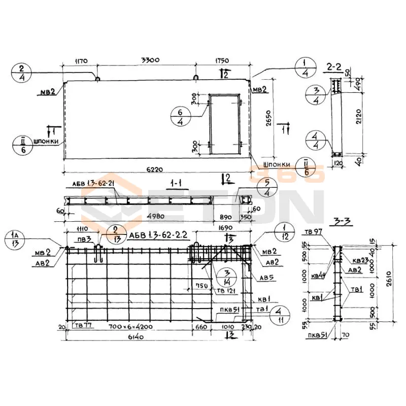 Панели внутренних продольных стен Серия 1.131-1 В 1,3-62-27-12-2,2
