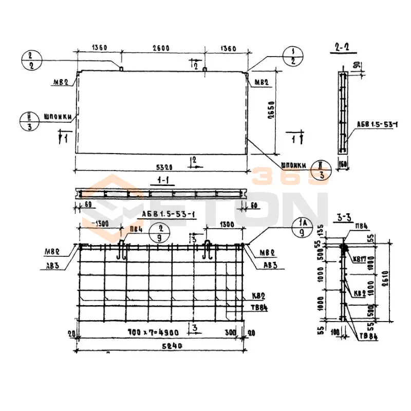 Панели внутренних продольных стен Серия 1.131-1 В 1,5-53-27-16-1