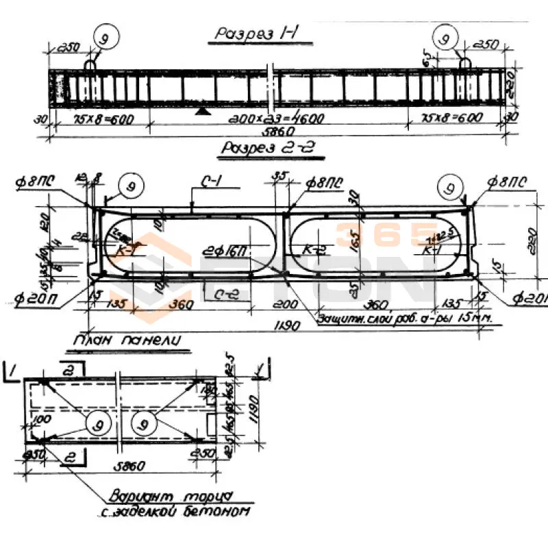 Панели с круглыми пустотами Серия ИИ 03-02 Альбом 5 ч1 ПО 59-12
