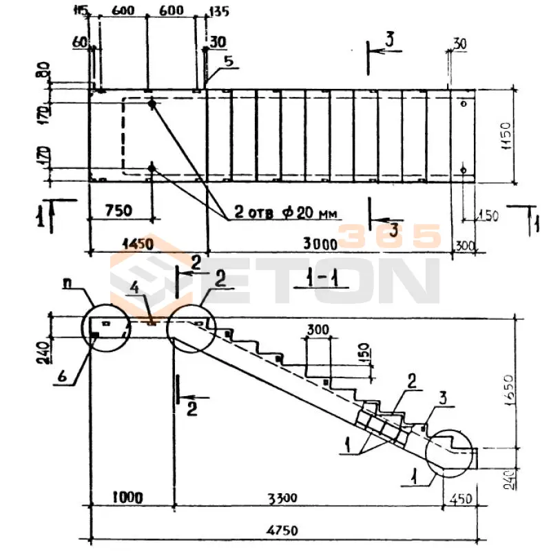 Лестничные марши ребристые с полуплощадками ЛМП серия 1.050.1-2 ЛМП 57-11-17-5-3