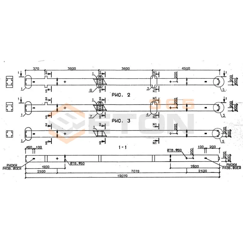 Колонны для зданий с высотой этажа 3,6 м серия 1.020-1/87 ( 1.020.1-7, 1.020-1/83, ИИ 04-1, 1.020.1-3пв ) 3КБД 4-36-48-1-7 пв