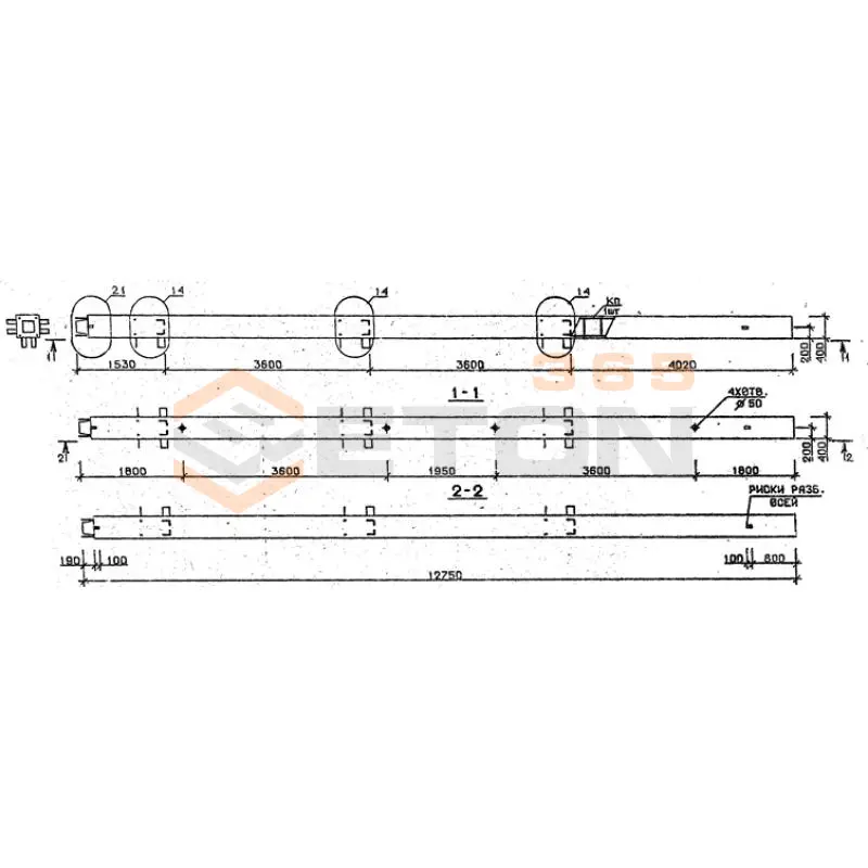 Колонны сечением 400х400 мм для зданий с высотами этажей 3,6 м Серия 1.020.1-2с/89 4КН 36-128-11