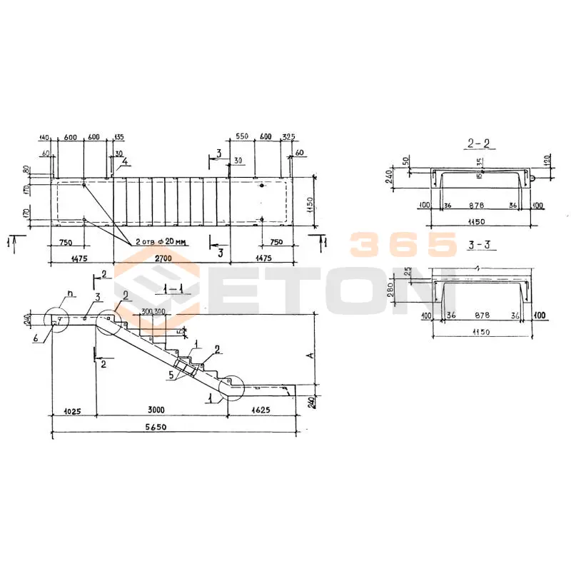 Лестничные марши ребристые с полуплощадками ЛМП серия 1.050.1-2 ЛМП 57-11-18-5 с