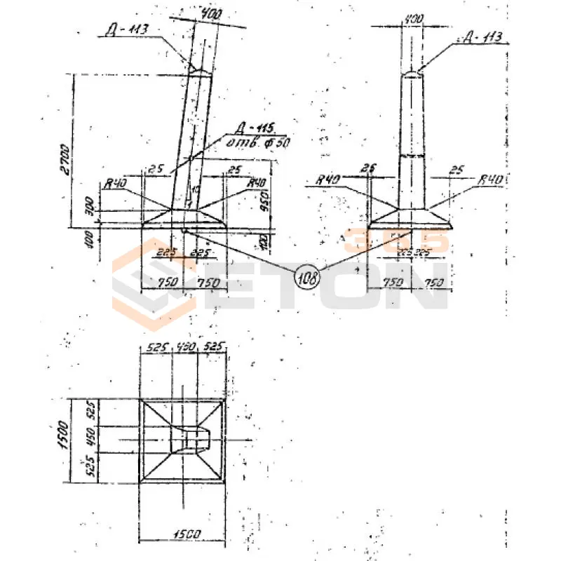 Фундаменты под промежуточные и промежуточно-угловые опоры на оттяжках Серия 3.407-115, 3.407.1-159 Ф 2