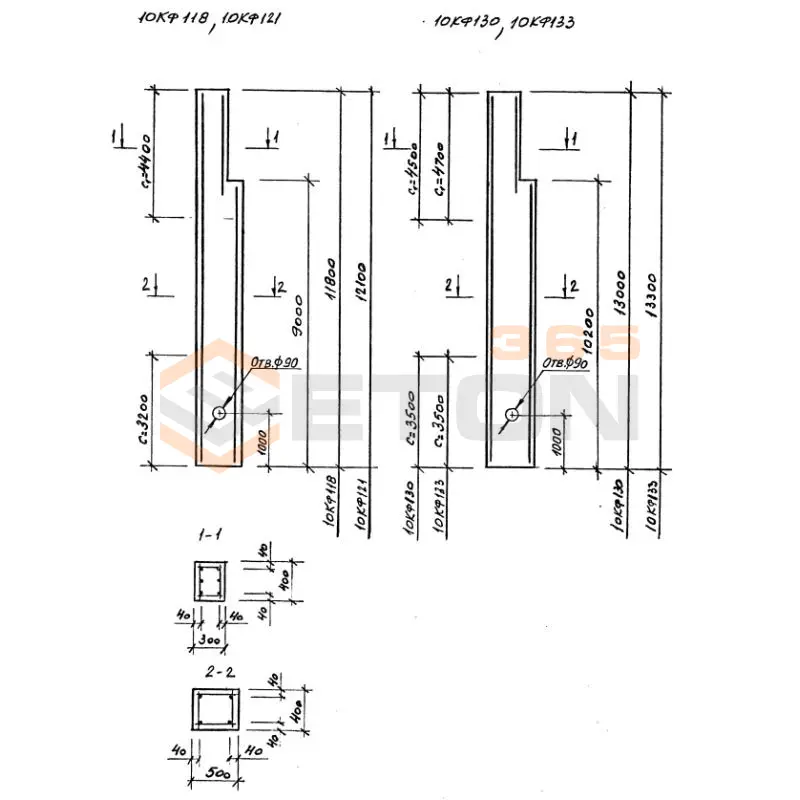 Колонны для зданий высотой 9,0; 10,2; 11,44 12,6; 13,8 м Серия 1.427.1-3 10КФ 133-3