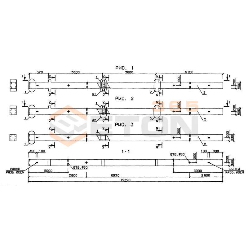 Колонны для зданий с высотой этажа 3,6 м серия 1.020-1/87 ( 1.020.1-7, 1.020-1/83, ИИ 04-1, 1.020.1-3пв ) 3КБО 4-36-48-1,7