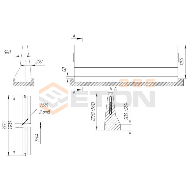 Блоки парапетного одностороннего ограждения ТУ 5899-002-61548960-2010 12ДО-ТУ 5899-002-2010/400(600)-1,19(1,15) с