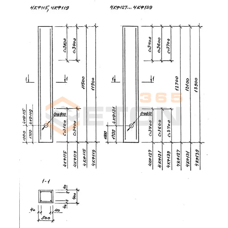 Колонны для зданий высотой 9,0; 10,2; 11,44 12,6; 13,8 м Серия 1.427.1-3 4КФ 139-4