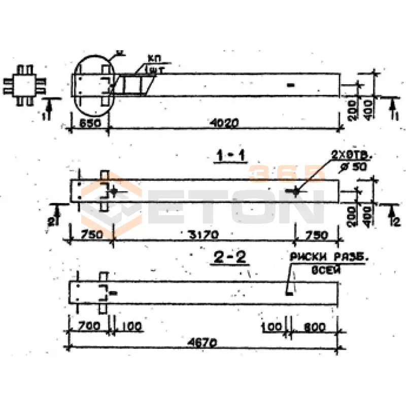 Колонны сечением 400х400 мм для зданий с высотами этажей 3,6 м Серия 1.020.1-2с/89 2КБ 36-47-1 с