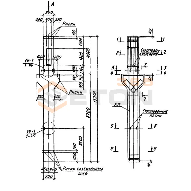 Колонны крановые с проходами Серия 1.424.1-6/89 10ККП 120-3,4 с