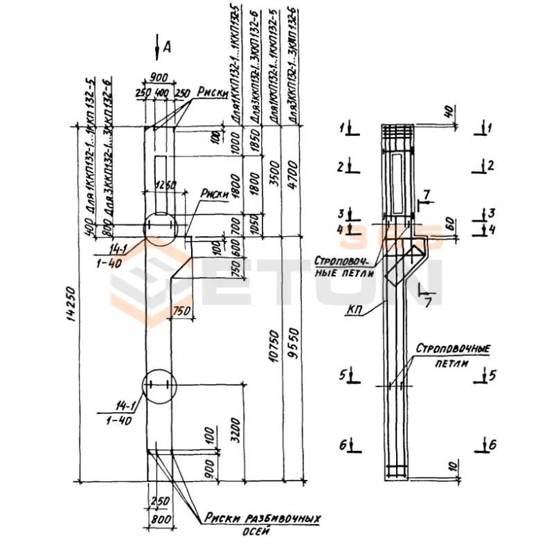 Колонны крановые с проходами Серия 1.424.1-6/89 1ККП 132-1,3 с