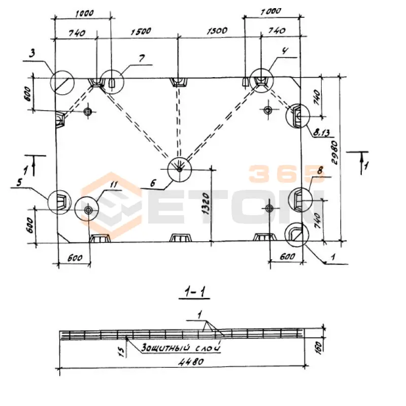 Панели перекрытий сплошные Серия 1.100.1-7 П 45-30-16-3-3 б