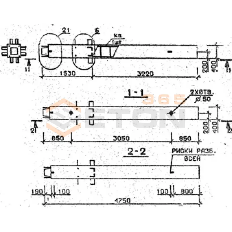 Колонны сечением 400х400 мм для зданий с высотами этажей 3,6 м Серия 1.020.1-2с/89 2КН 36-48-7