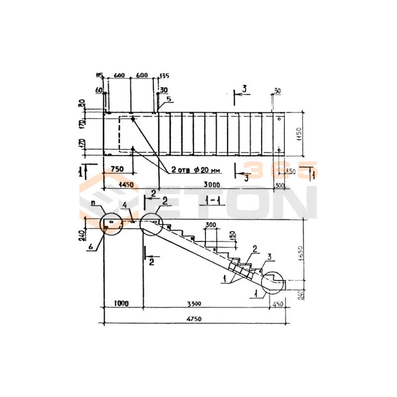 Лестничные марши ребристые с полуплощадками ЛМП серия 1.050.1-2 ЛМП 57-11-17-5-13 с