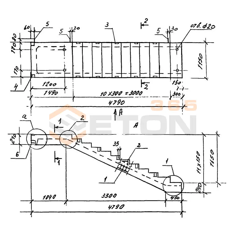 Лестничные марши ребристые с полуплощадками ЛМП Серия 1.050.9-4.93 ЛМП 60-11-17-5-3 (1.050.9-4.93)