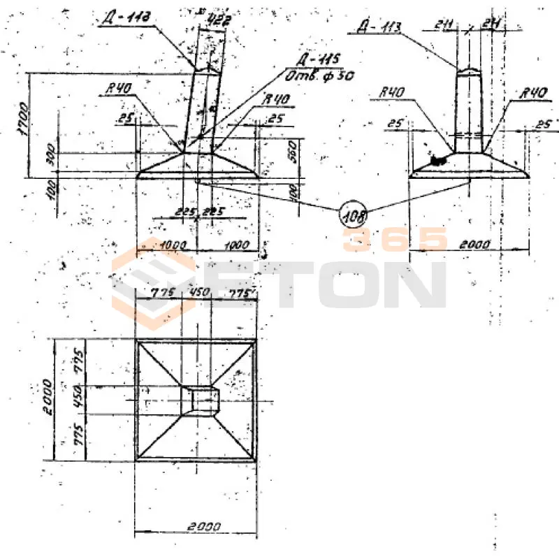 Фундаменты под промежуточные и промежуточно-угловые опоры на оттяжках укороченные Серия 3.407-115, 3.407.1-159 ФК 4-05