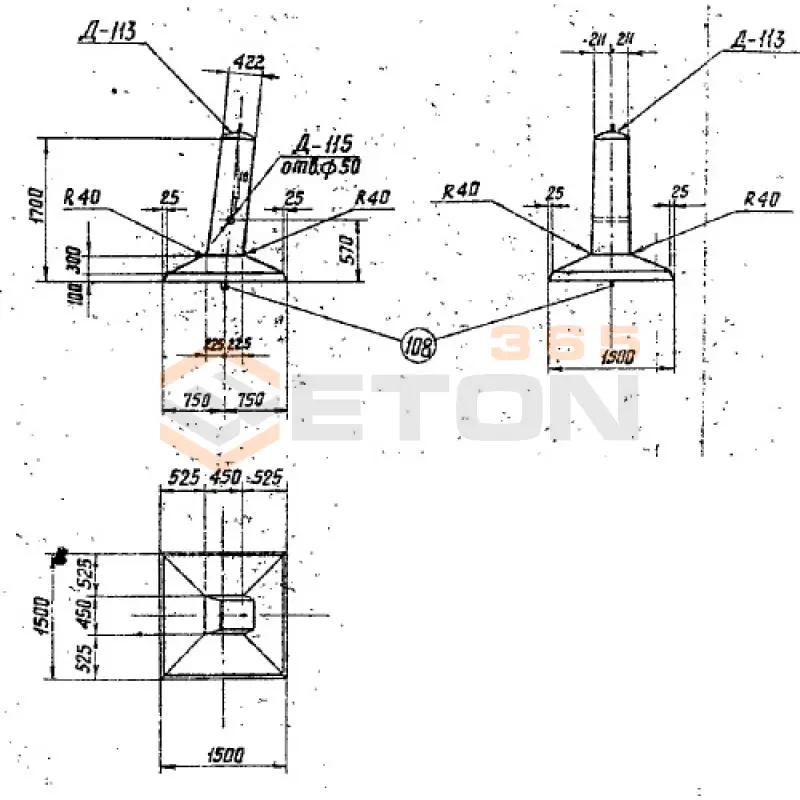 Фундаменты под промежуточные и промежуточно-угловые опоры на оттяжках укороченные Серия 3.407-115, 3.407.1-159 ФК 2-5