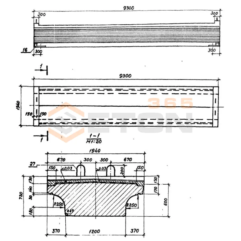Балки внутренние пролетного строения с пониженной строительной высотой (плитные) Серия 3.501.1-146 БПД 93 м АIII