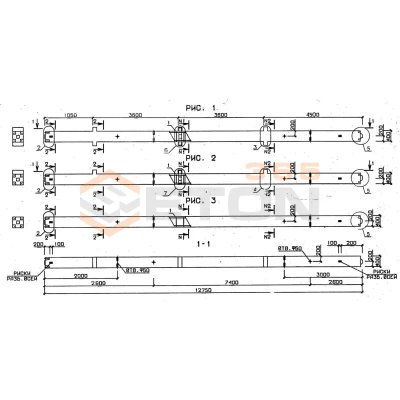 Колонны для зданий с высотой этажа 3,6 м серия 1.020-1/87 ( 1.020.1-7, 1.020-1/83, ИИ 04-1, 1.020.1-3пв ) 3КНД 4-36-48-2-11 пв